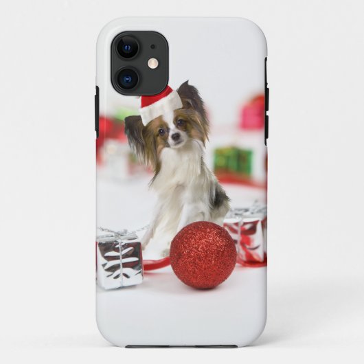 かわいいパピヨン犬のクリスマスサンタ帽子 Case-Mate iPhoneケース (裏面)
