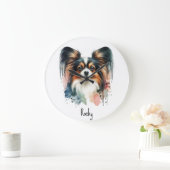 かわいいパピヨン犬の水彩画アート ラージ壁時計 (ホーム)