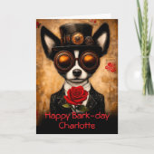 かわいいパピヨン犬、ゴーグル、赤いバラCQ6誕生日 カード (正面)