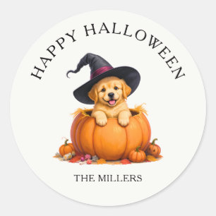 かわいいパピーのかぼちゃ ハロウィン ウィッチハット ラウンドシール