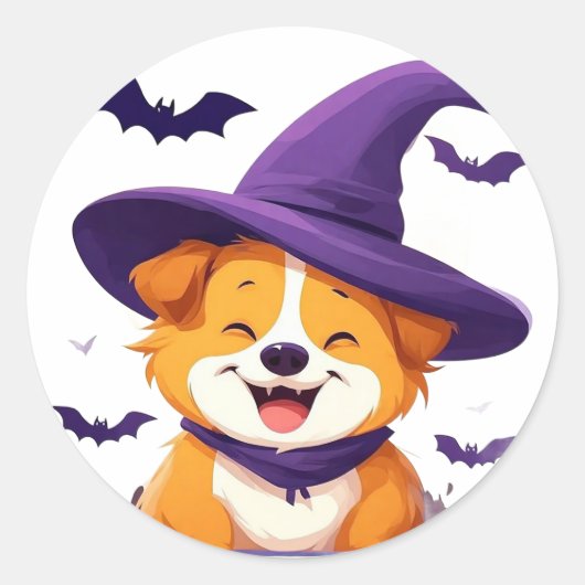 かわいいパピーの魔女の帽子 ハロウィン 犬のシーン ラウンドシール (正面)