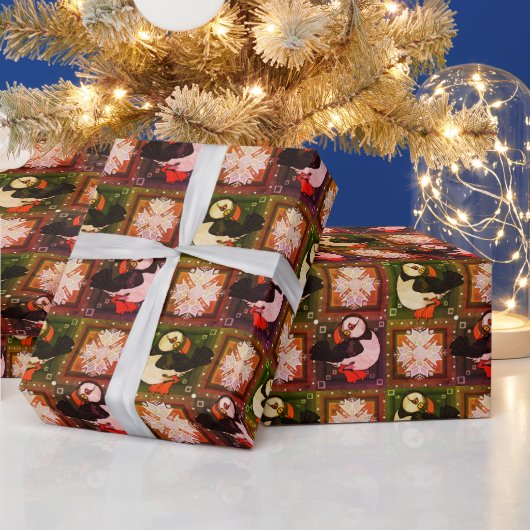 かわいいパフィン鳥の冬のパターンのラッピング紙 ラッピングペーパー (クリスマス)