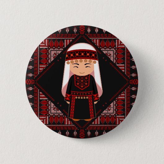 かわいいパレスチナの女の子刺繍赤いタトリーズ 缶バッジ (正面)