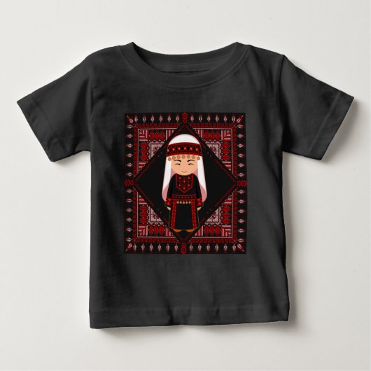 かわいいパレスチナの女の子　刺繍入り赤いタトリーズ ベビーTシャツ (正面)
