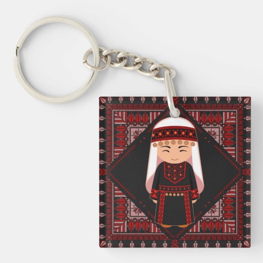 かわいいパレスチナの女の子　刺繍　赤いタトリーズ キーホルダー (正面)