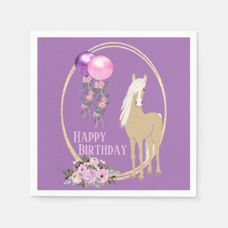 かわいいパロミノピンクパープルの花の馬の誕生日 スタンダードカクテルナプキン
