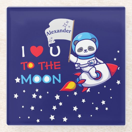 かわいいパンダがロケット船の子どもたちパーソナライズされた ガラスコースター (正面)