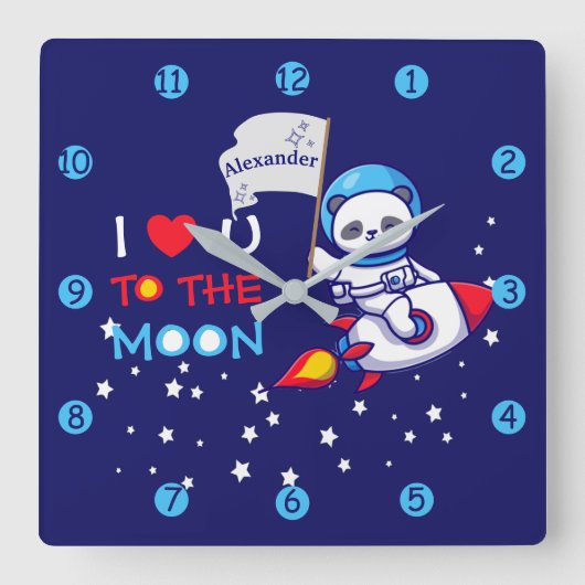 かわいいパンダがロケット船の子どもたちパーソナライズされた スクエア壁時計 (正面)