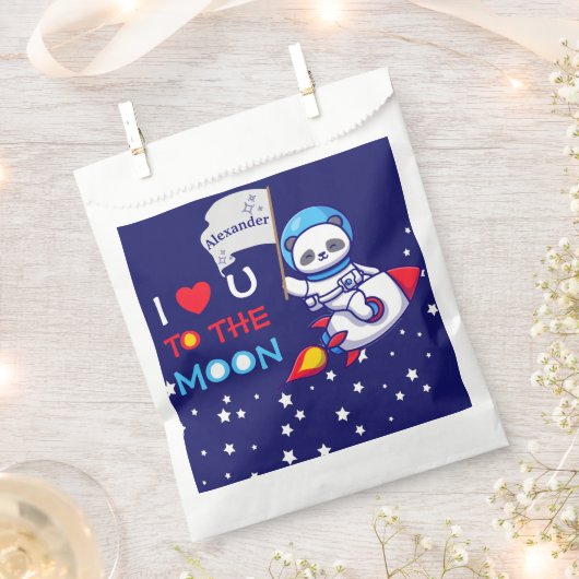 かわいいパンダがロケット船の子どもたちパーソナライズされた フェイバーバッグ (クリップ留めされた状態)