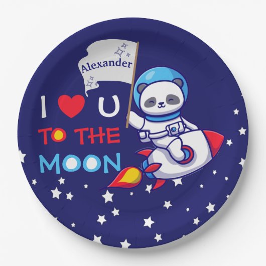 かわいいパンダがロケット船の子どもたちパーソナライズされた ペーパープレート (正面)
