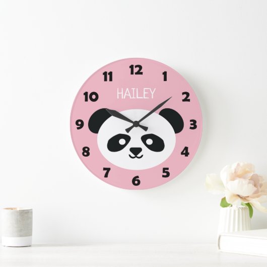 かわいいパンダくまの顔はかわいいのパーソナライズなピンクをからかいます ラージ壁時計 (ホーム)
