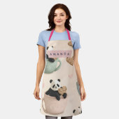 かわいいパンダとクマの柄のオリジナルデザイン エプロン (着用した状態)