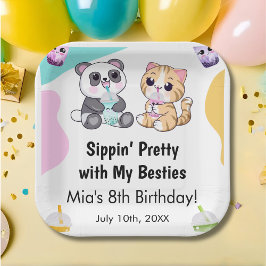 かわいいパンダとトラのタピオカティーキッズの誕生日 ペーパープレート