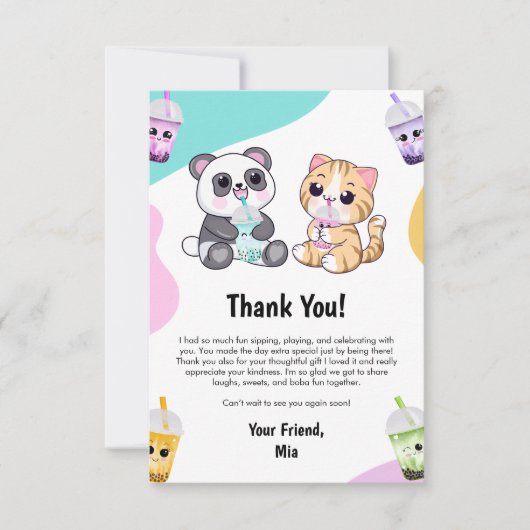 かわいいパンダとトラのバブルティーキッズ誕生日 サンキューカード (正面)