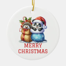 かわいいパンダとハリネズミのクリスマス セラミックオーナメント