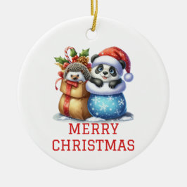 かわいいパンダとハリネズミのクリスマス セラミックオーナメント
