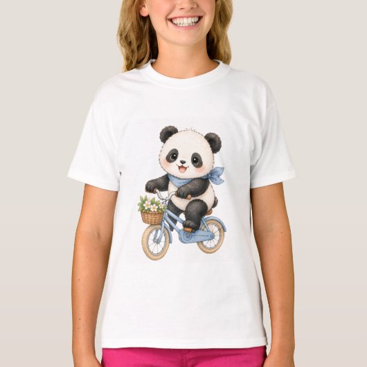 かわいいパンダのくまが青い自転車に乗る女の子のTシャツ Tシャツ (正面)