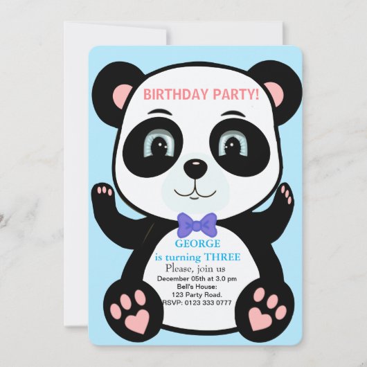 かわいいパンダのくまの男の子の誕生日招待状 招待状 (正面)