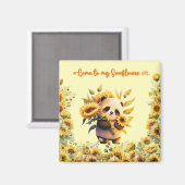 かわいいパンダのひまわり花 |正方形マグネット マグネット (正面/裏面)