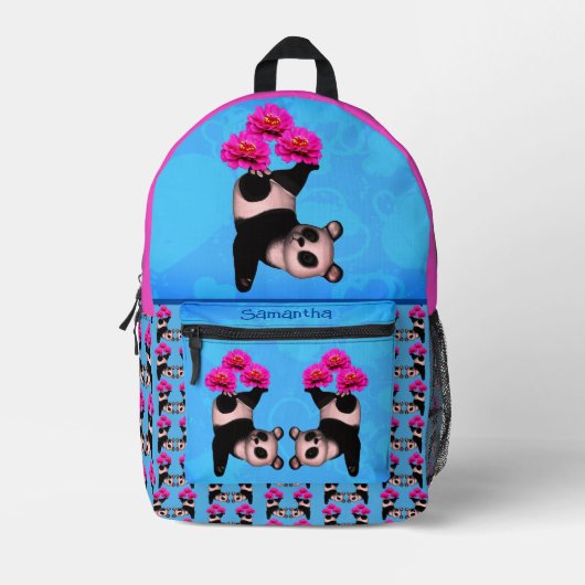 かわいいパンダのクマがピンクの花をジャグリング プリントバックパック (正面)