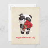 かわいいパンダのクマとローズブーケバレンタインデー シーズンポストカード (正面/裏面)
