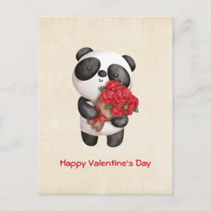 かわいいパンダのクマとローズブーケバレンタインデー シーズンポストカード