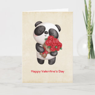 かわいいパンダのクマとローズブーケバレンタイン カード