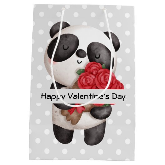 かわいいパンダのクマとローズブーケバレンタイン ミディアムペーパーバッグ (裏面)