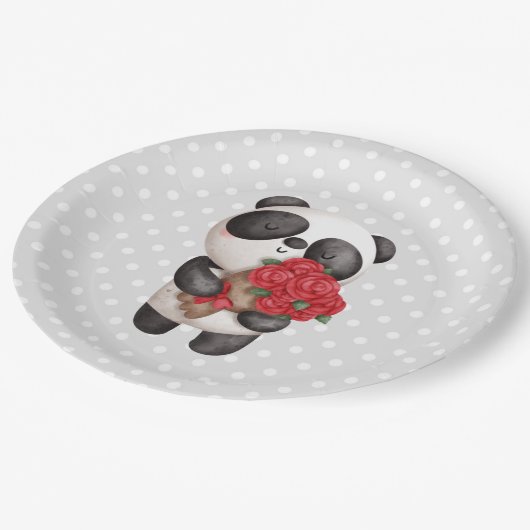 かわいいパンダのクマとローズブーケ ペーパープレート (アングル)