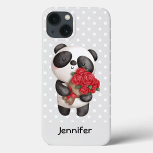 かわいいパンダのクマとローズブーケ iPhone 13ケース