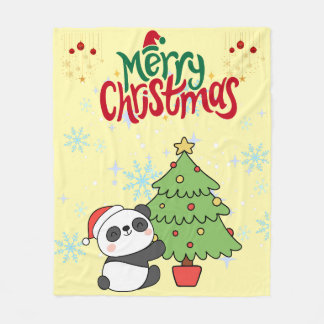 かわいいパンダのクリスマスケット フリースブランケット