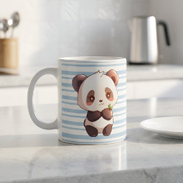 かわいいパンダのコーヒーマグ、淡い青色のストライプ柄のカップ コーヒーマグカップ