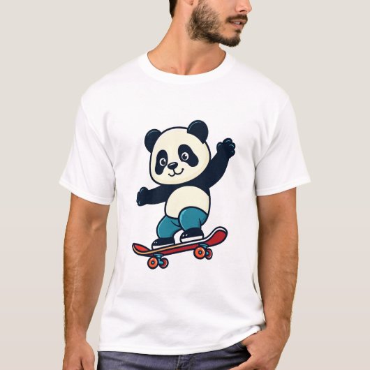 かわいいパンダのスケートボード乗り物キャラクター Tシャツ (正面)