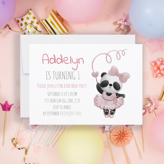 かわいいパンダのバレリーナの女の子の1歳の誕生日 招待状
