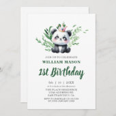 かわいいパンダのベアウォーター色グリーンリー1st誕生日 招待状 (正面/裏面)