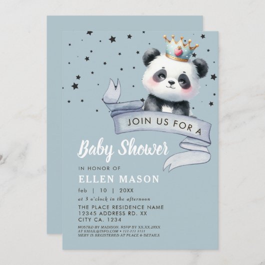 かわいいパンダのベアースターブルースカイ赤ちゃんシャワー 招待状 (正面/裏面)