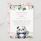 かわいいパンダの女の子の緑ピンクの花の赤ちゃんシャワー 招待状 (正面/裏面)