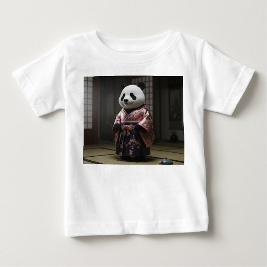 かわいいパンダの宇宙飛行士が無重力のバオを食べている ベビーTシャツ (正面)