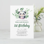 かわいいパンダの水彩グリーナリー 1歳の誕生日 招待状 (スタンド正面)