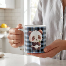 かわいいパンダの熊の青いバッファローチェック柄
