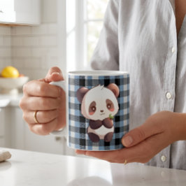 かわいいパンダの熊の青いバッファローチェック柄 コーヒーマグカップ