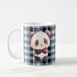 かわいいパンダの熊の青いブッファローチェック柄 コーヒーマグカップ