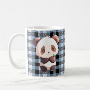 かわいいパンダの熊の青いブッファローチェック柄 コーヒーマグカップ