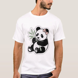 かわいいパンダの竹とピンクのリボンのTシャツデザイン Tシャツ