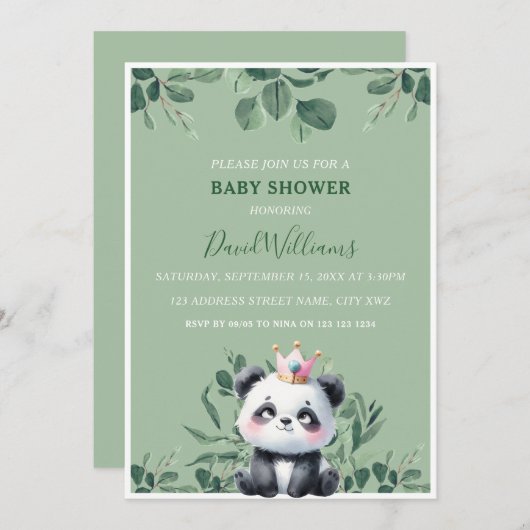 かわいいパンダの緑の葉緑の赤ちゃんシャワー 招待状 (正面/裏面)