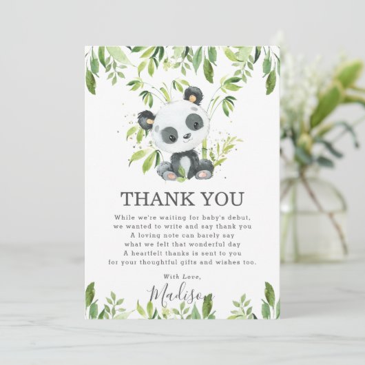 かわいいパンダの緑の赤ちゃん男女兼用シャワー サンキューカード (スタンド正面)
