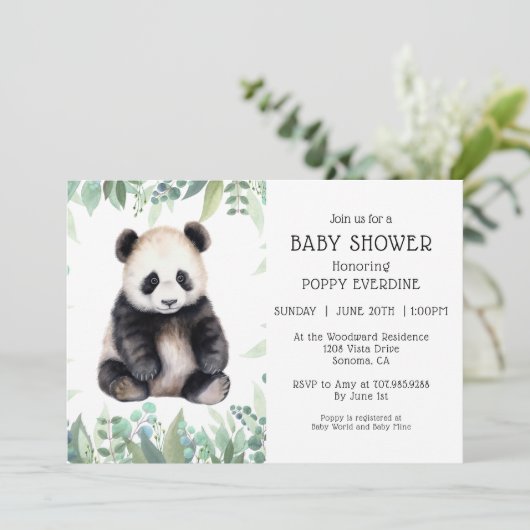 かわいいパンダの緑の赤ちゃん男女兼用シャワー 招待状 (スタンド正面)
