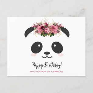 かわいいパンダの誕生日おめでとうピンクの花柄 ポストカード