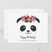 かわいいパンダの誕生日おめでとうピンクの花柄 ポストカード (正面/裏面)