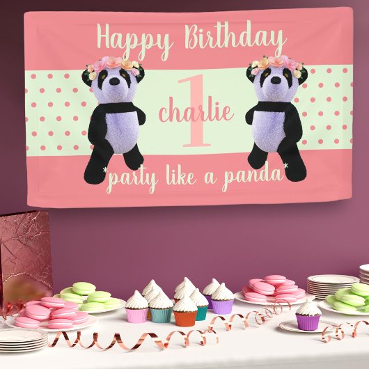 かわいいパンダの誕生日パーティバナー 横断幕